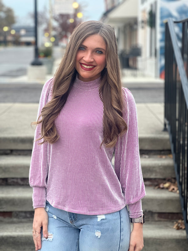 Striped Puff Sleeve Mock Neck Top Lavender