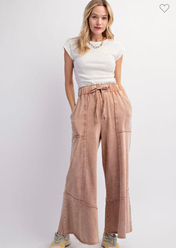 Mineral Washed Terry Knit Wide Leg Pants Cappuccino