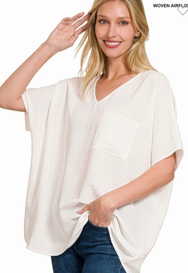 Dolman Short Sleeve V-Neck Top Off White