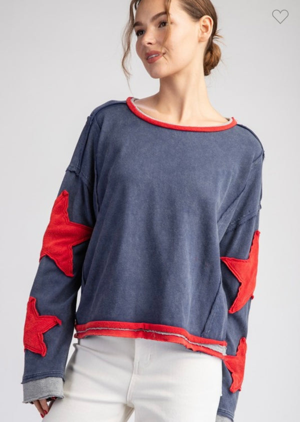 Mineral Washed Star Embroidered Top Navy