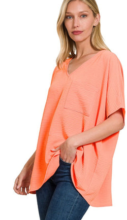 Dolman Short Sleeve V-Neck Top Coral