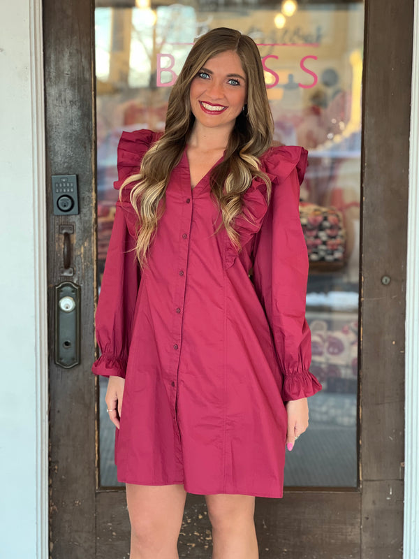 Ruffled Shoulder Dress Burgundy