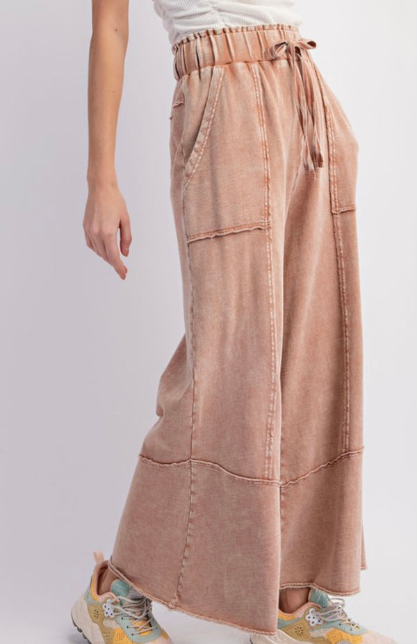 Mineral Washed Terry Knit Wide Leg Pants Cappuccino