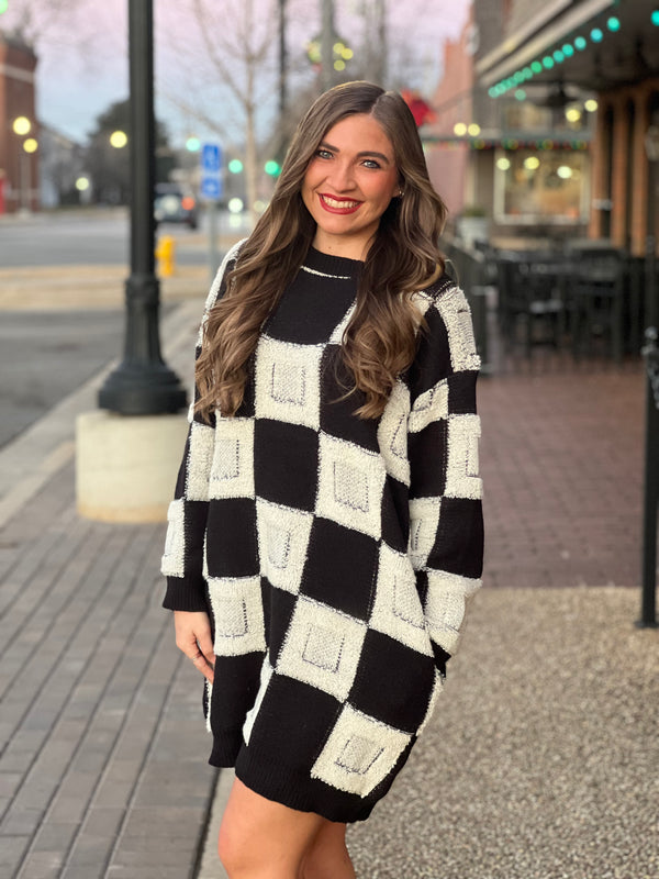 Checkered Sweater Mini Dress Black/Oatmeal