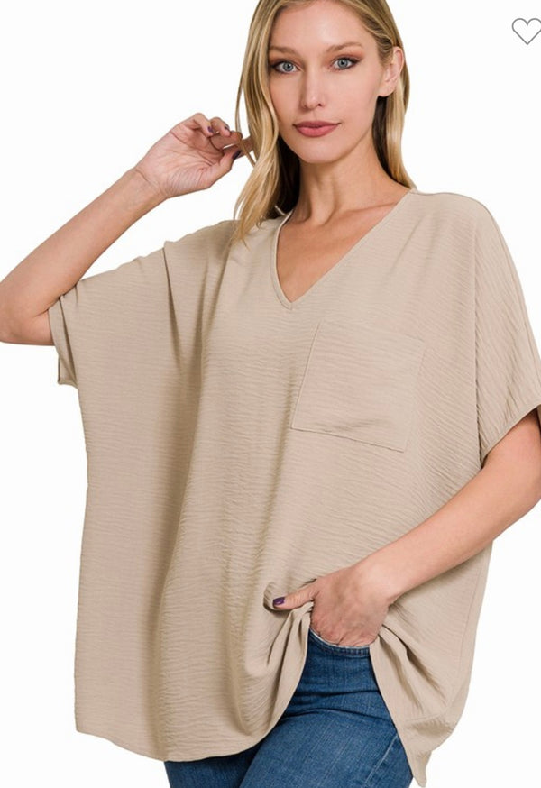 Dolman Short Sleeve V-Neck Top Light Mocha