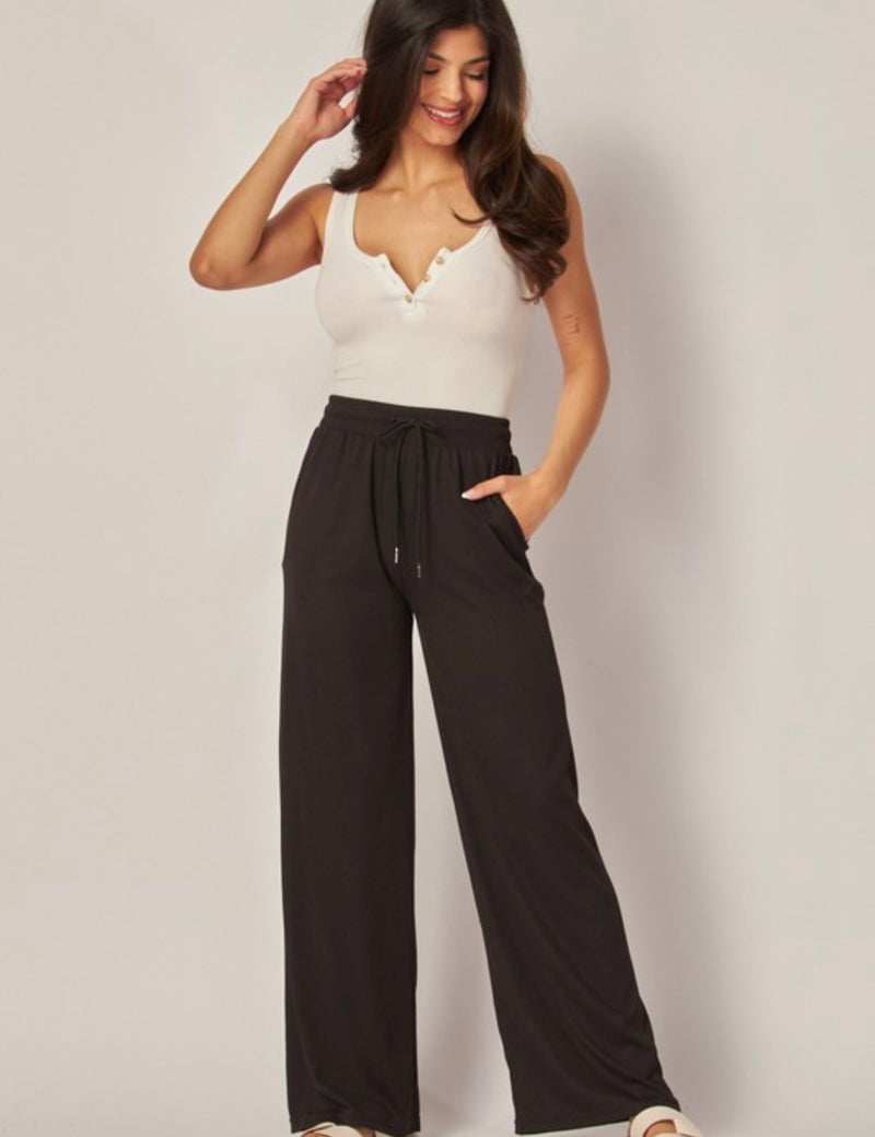 Stretchy Ribbed Wide Leg Pants Black