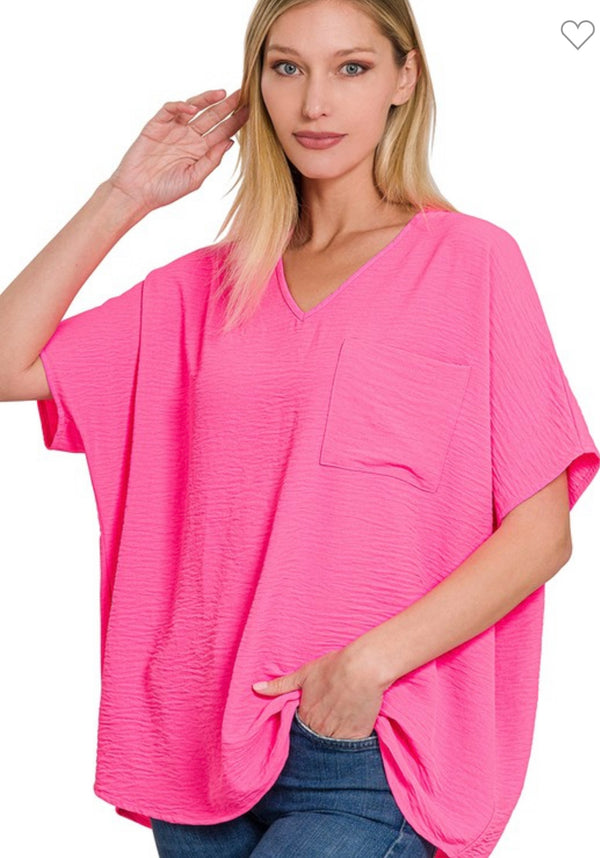 Dolman Short Sleeve V-Neck Top Fuchsia