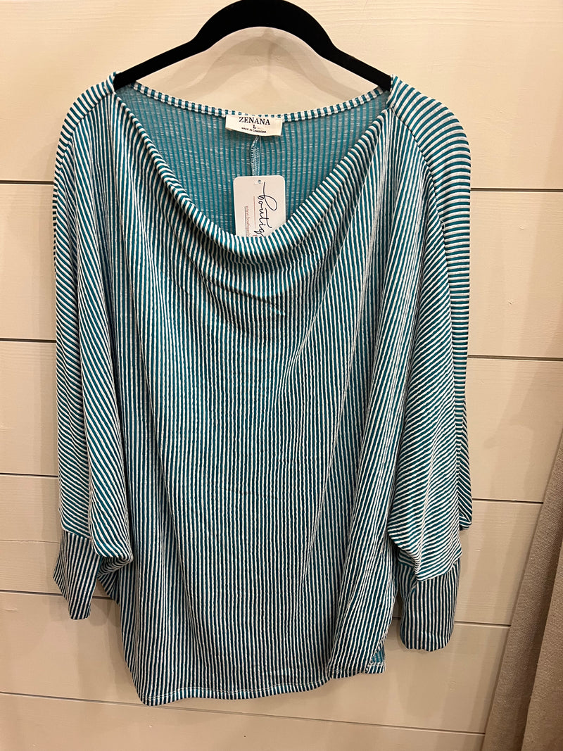 Ribbed Cowl Neck Dolman Sleeve Top Light Teal