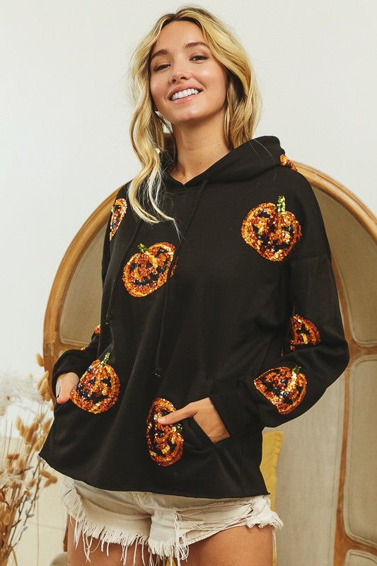 Sequins Pumpkin Patches Hoodie Top Black