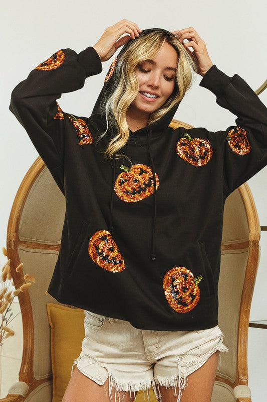 Sequins Pumpkin Patches Hoodie Top Black