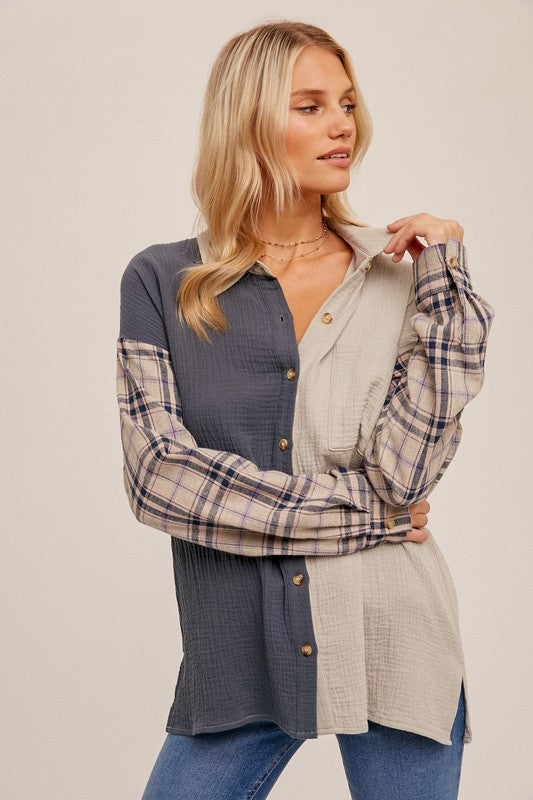 Color Block Plaid Mix Top Slate Blue