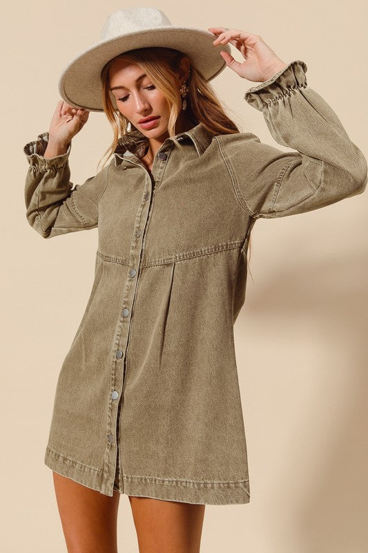 Washed Denim Button Down Mini Dress Olive