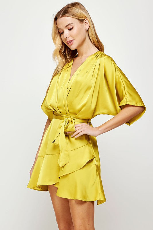 Missguided Satin Wrap Dress 4 S Small Mustard Yellow Bell Sleeve Kimono  Mini