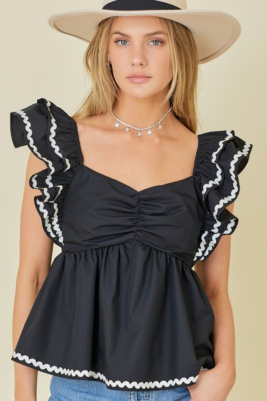 Double Ruffle Trim baby Doll Top Black