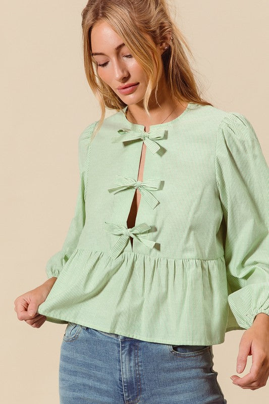 Pin Stripe Bow Ribbon Front Top Green