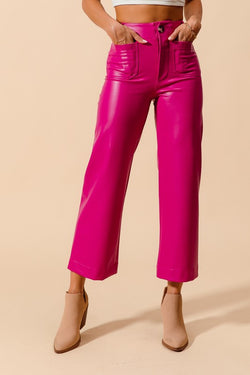 Faux Leather Wide Leg Boot Cut Pants Fuchsia