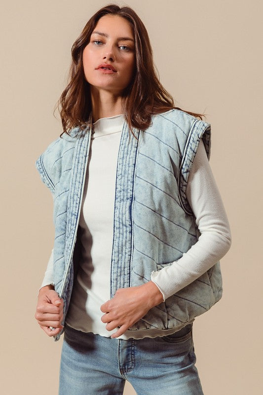 Washed Vintage Quilted Pocket Vest Denim