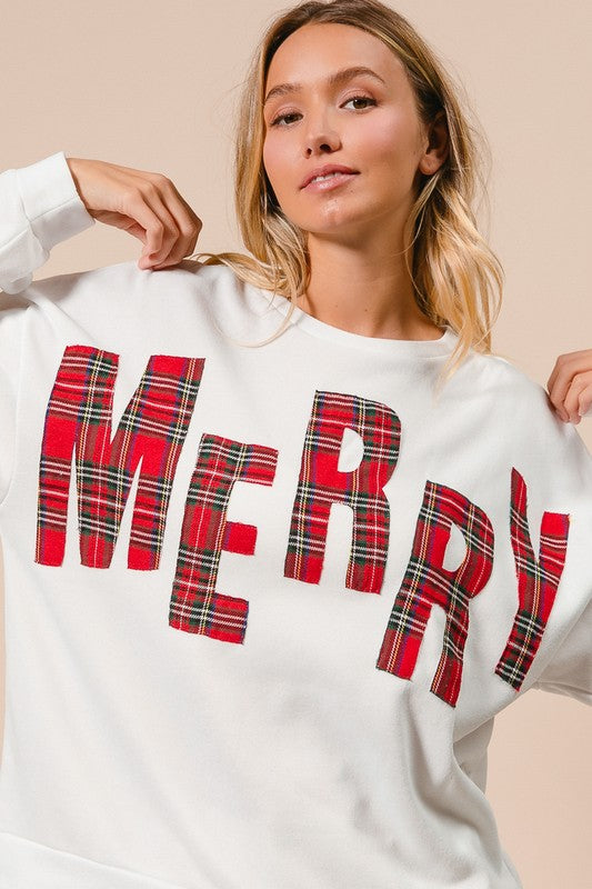 Plaid Merry Lettering Fleece Top White/Red