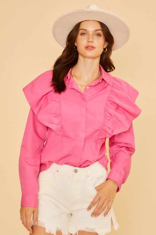 Ruffle Detail Button Down Top Hot Pink