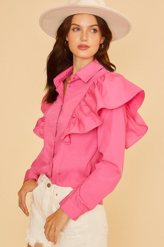 Ruffle Detail Button Down Top Hot Pink