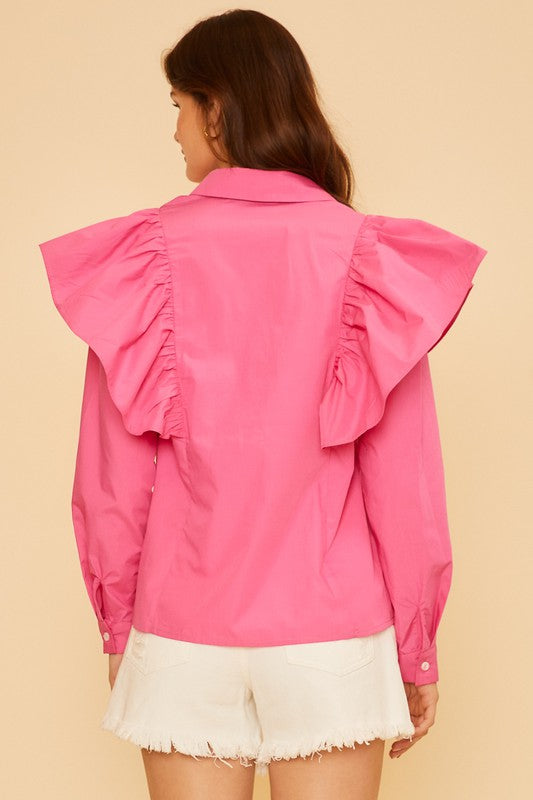 Ruffle Detail Button Down Top Hot Pink