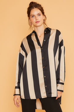 Wide Stripe Satin Blouse Top Black/Khaki