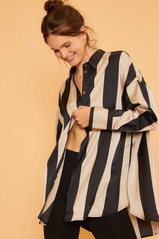 Wide Stripe Satin Blouse Top Black/Khaki