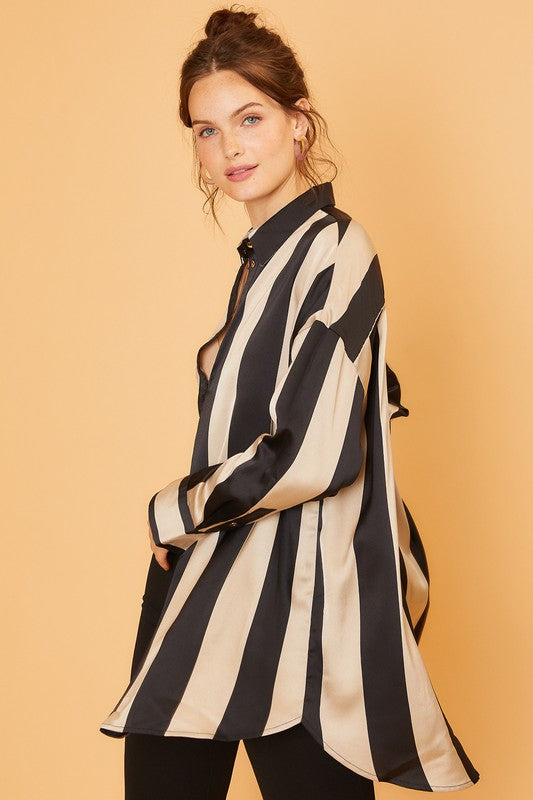 Wide Stripe Satin Blouse Top Black/Khaki