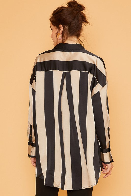 Wide Stripe Satin Blouse Top Black/Khaki