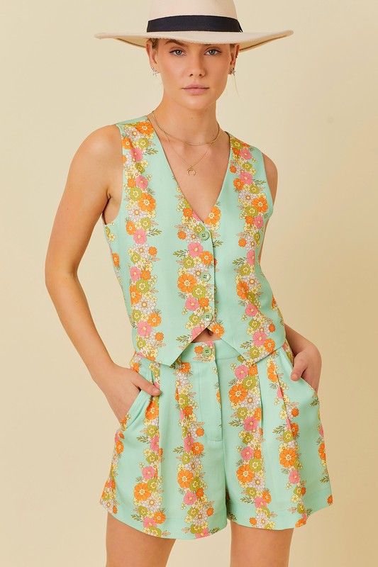 Floral Border Printed Vest Sage