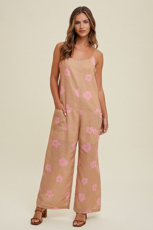 Floral Print Jumsuit with Pockets Camel/Punch