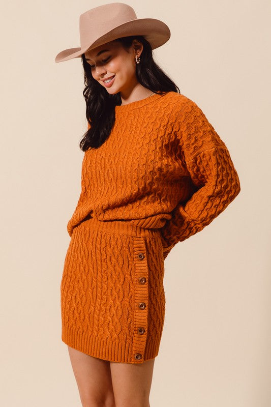 Cable Knit Sweater Skirt Set Rust