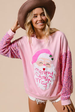 Santa Merry Christmas Face Pullover Pink