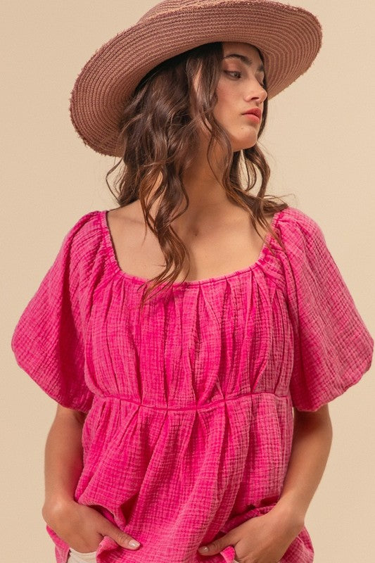 Puff Sleeve Vintage Wash Top Fuchsia