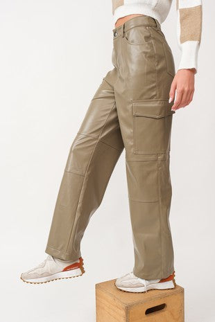 Faux Leather Cargo Pants Olive