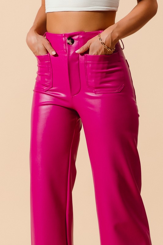 Faux Leather Wide Leg Boot Cut Pants Fuchsia