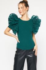 Solid Top w/Ruffled Detail Sleeves Green