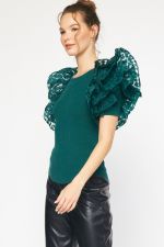 Solid Top w/Ruffled Detail Sleeves Green