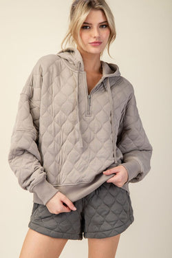 Quilted Quarter Zip Hoodie Jacket Stone Taupe