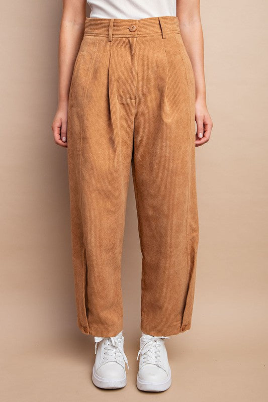 Button Hem Cropped Corduroy Pants Camel