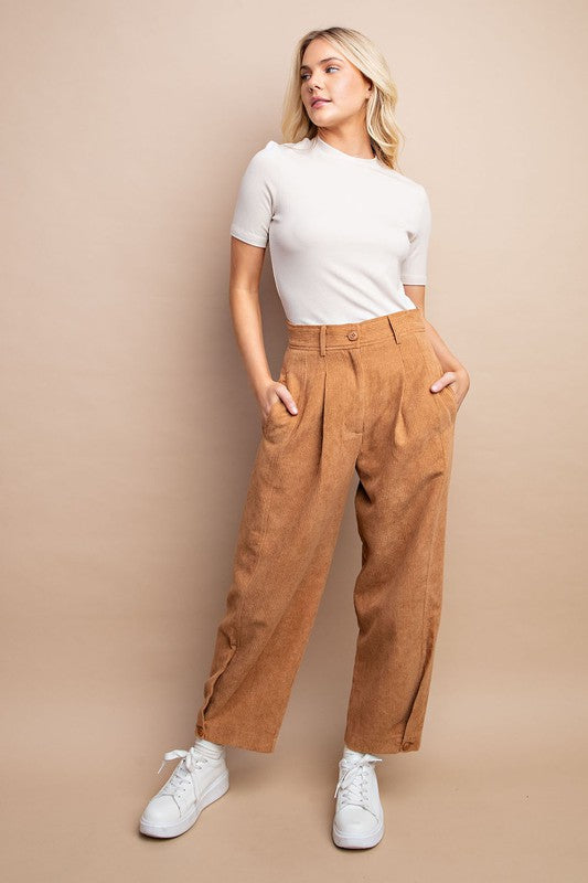 Button Hem Cropped Corduroy Pants Camel