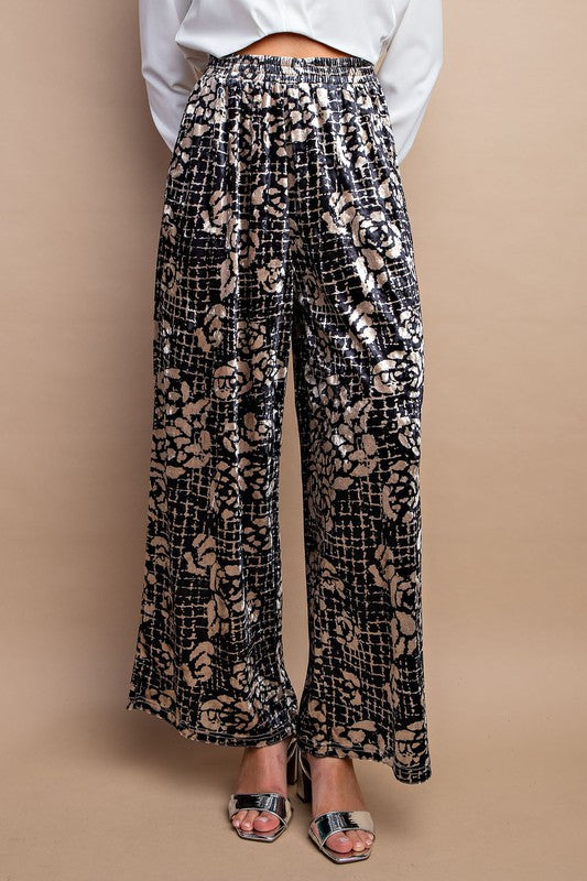 Floral Print Velvet Wide Leg Pants Black