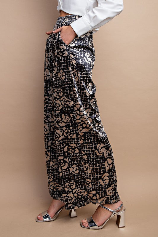 Floral Print Velvet Wide Leg Pants Black