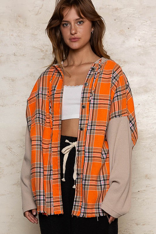 Contrast Sleeves Hooded Plaid Shirt Orange