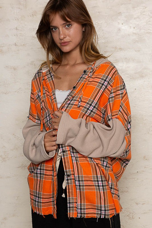 Contrast Sleeves Hooded Plaid Shirt Orange