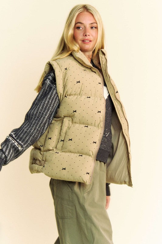 Ribbon Bow Puffer Vest Jacket Khaki