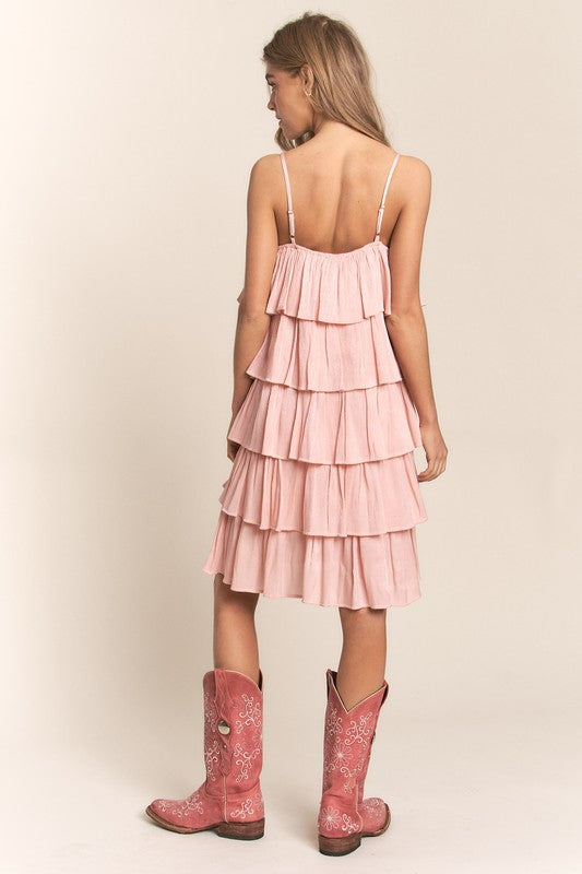 Spaghetti Strap Tiered Ruffle Mini Dress Pink