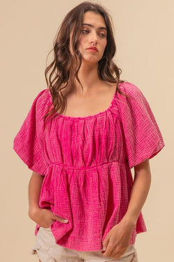 Puff Sleeve Vintage Wash Top Fuchsia