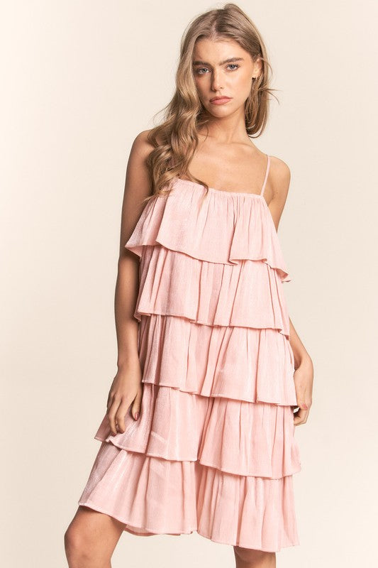 Spaghetti Strap Tiered Ruffle Mini Dress Pink