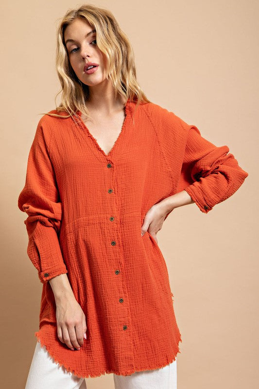 Button Down Frayed Hem Top Red Clay